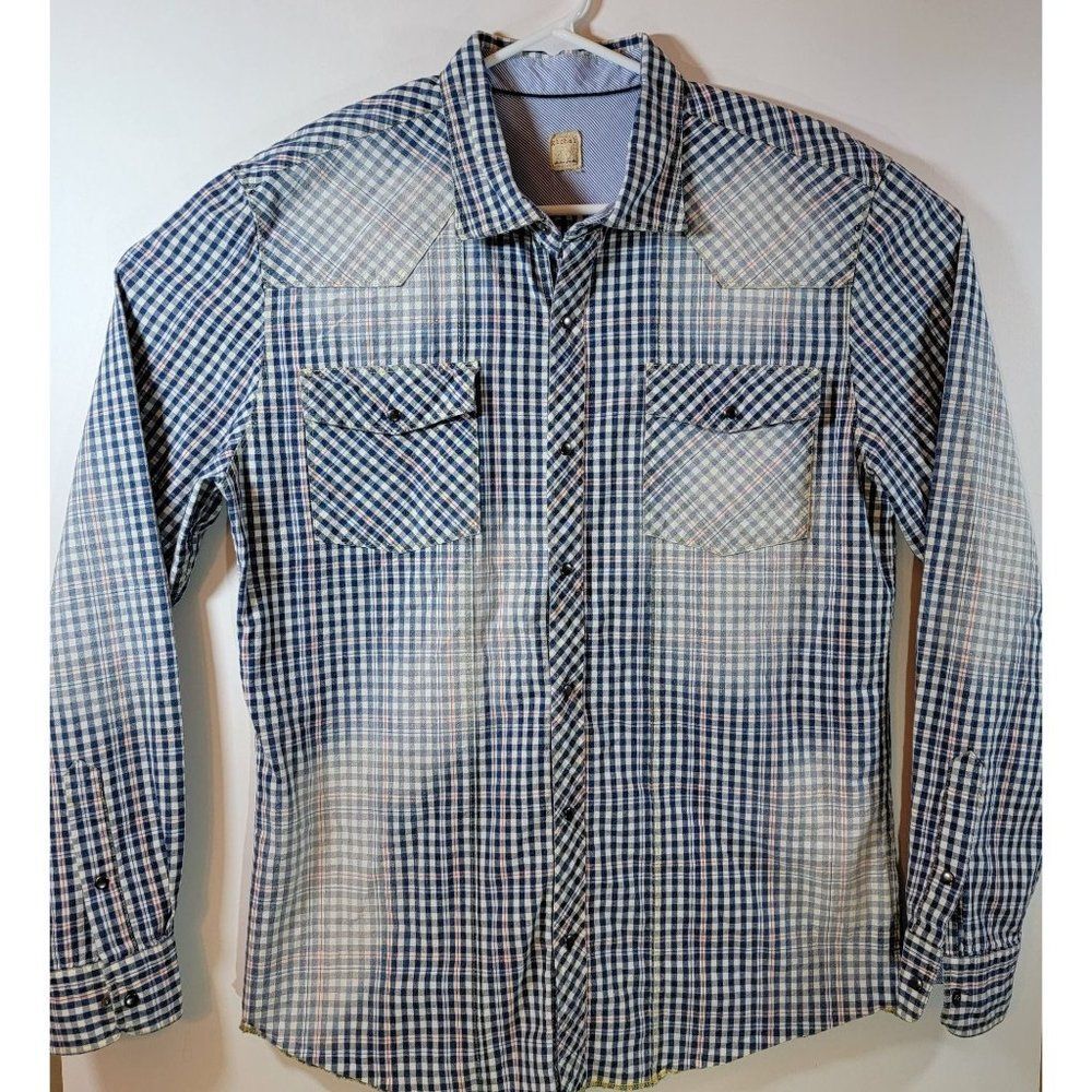 Global Arnold Zimberg Mens Large Blue Red White Checkered Snap Button Shirt